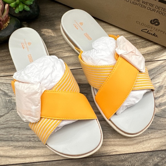 NIB Clarks Cloudsteppers 8W Wide Eliza April Comfort Slide Sandal Yellow - Picture 7 of 15